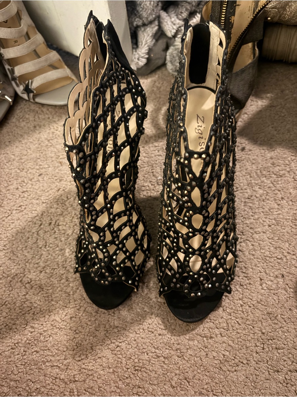 Zigi Soho Black Laser-Cut Studded Peep-Toe Booties